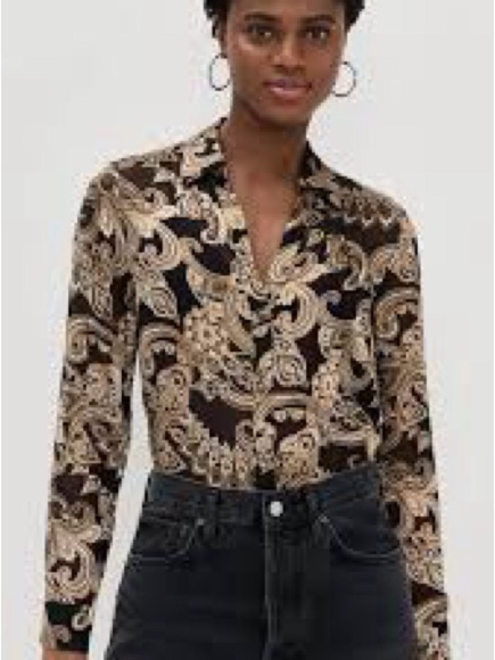 Alice + Olivia Black and Cream Paisley V-Neck Long-Sleeve Blouse